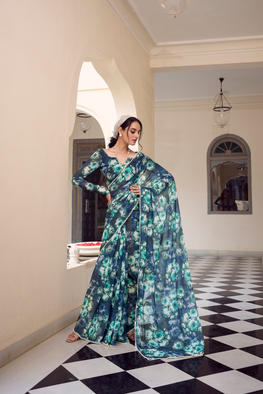 Navy Blue Marble Print Weightless Saree with Pearl Lace Border Floral Blouse