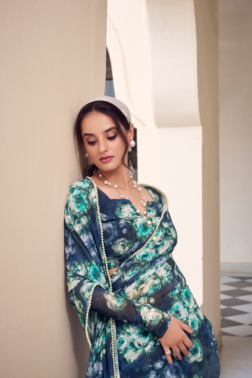 Navy Blue Marble Print Weightless Saree with Pearl Lace Border Floral Blouse