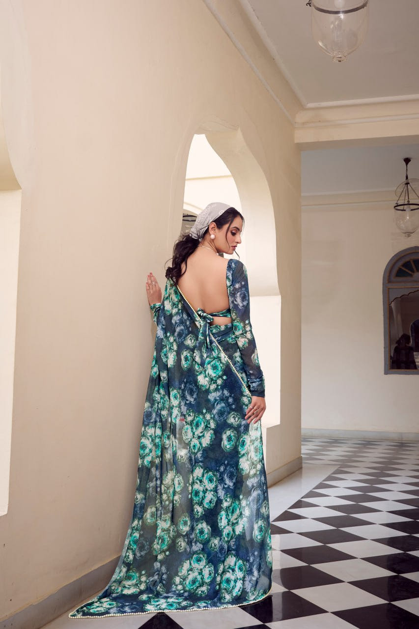 Navy Blue Marble Print Weightless Saree with Pearl Lace Border Floral Blouse