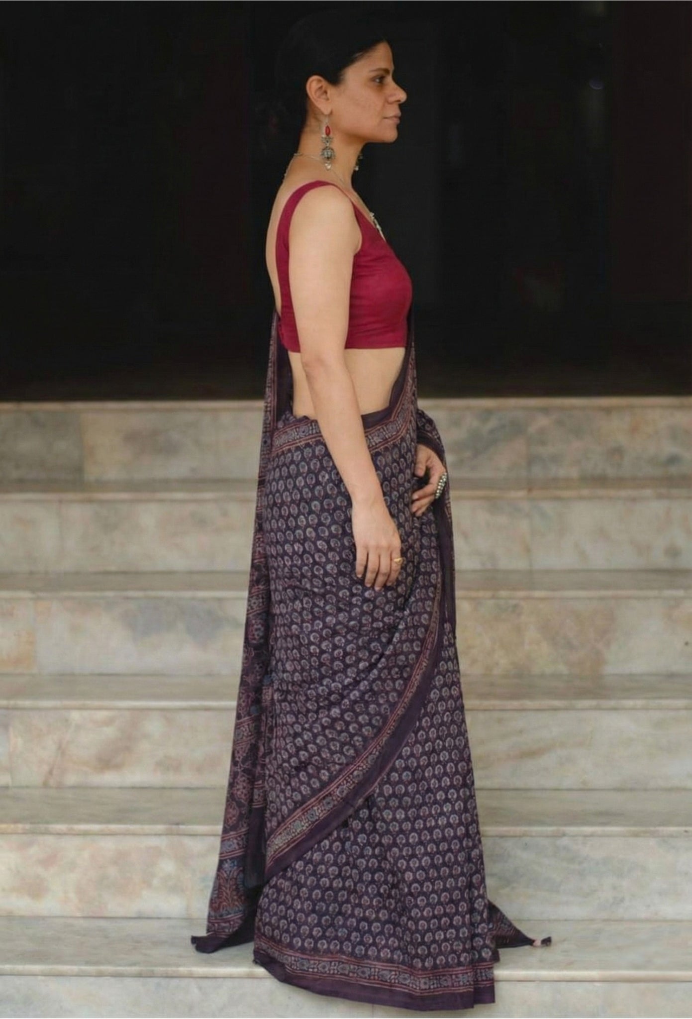 Navy Blue Mulmul Cotton Digital Print Saree with Banglori Blouse