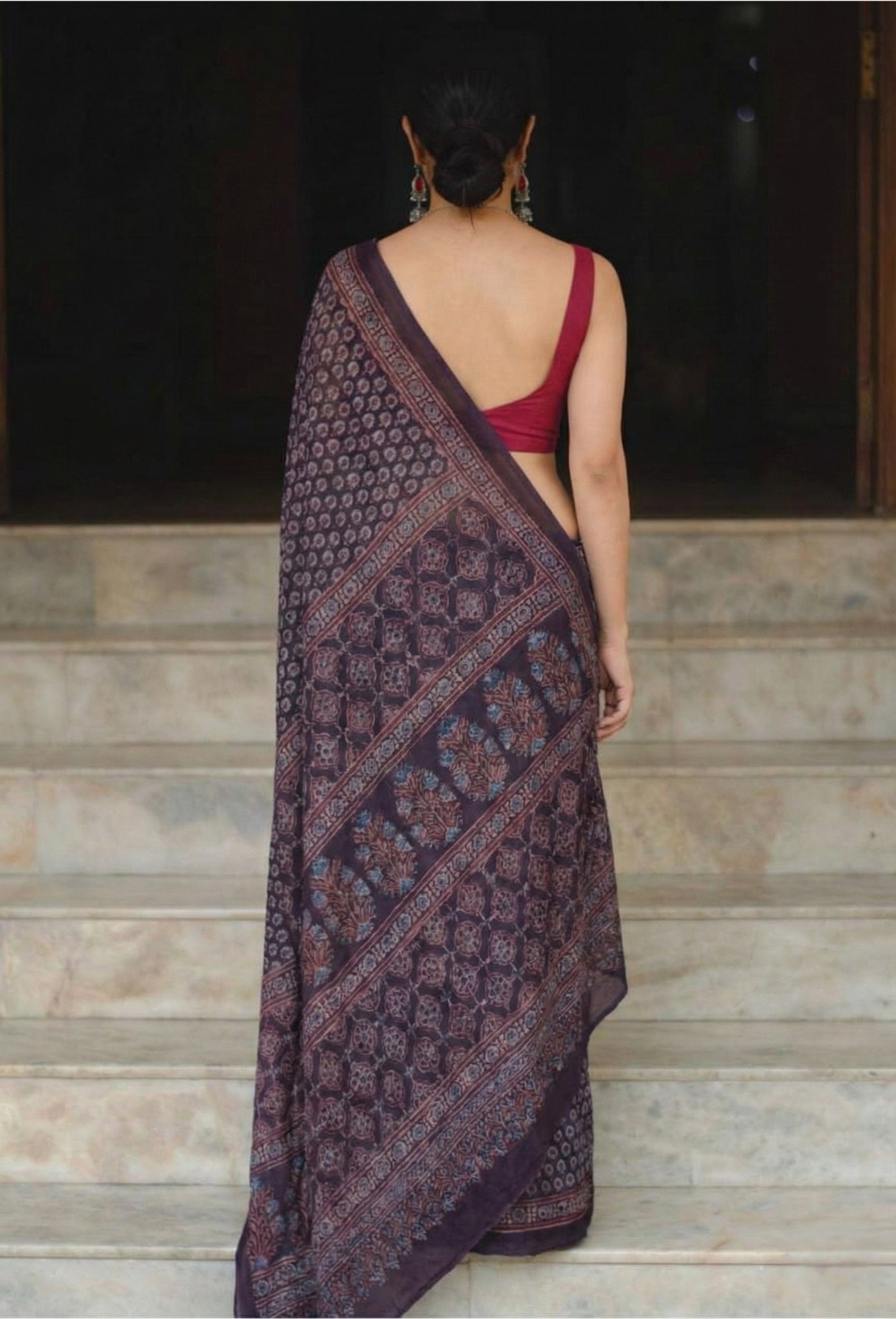 Navy Blue Mulmul Cotton Digital Print Saree with Banglori Blouse