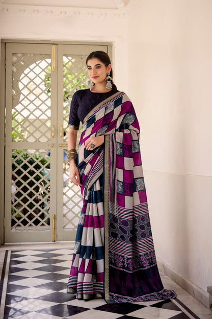Navy Blue Polyester Viscose Chanderi Saree with Printed Temple Border