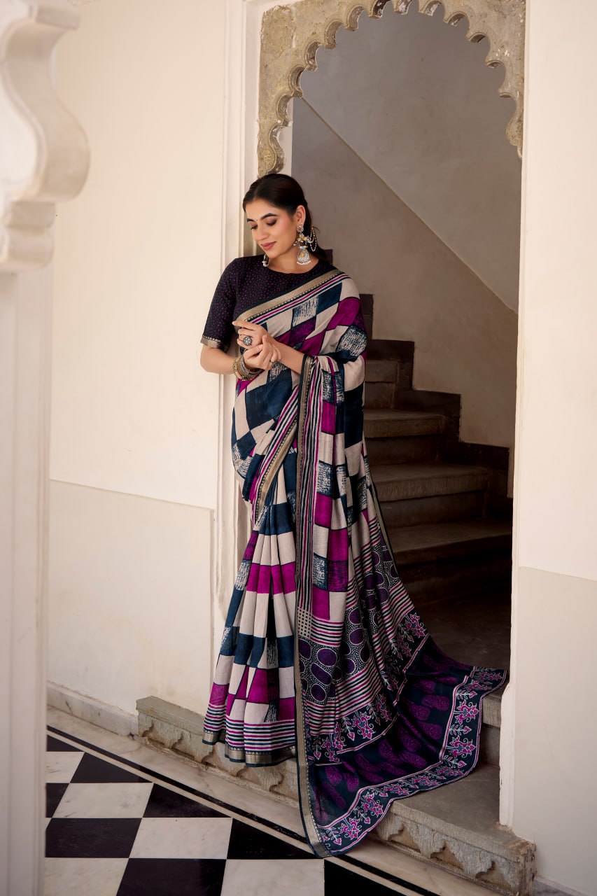 Navy Blue Polyester Viscose Chanderi Saree with Printed Temple Border