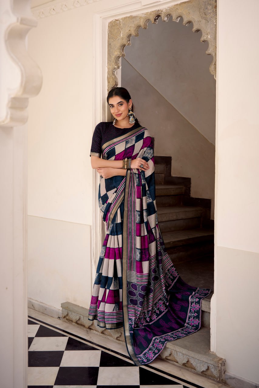 Navy Blue Polyester Viscose Chanderi Saree with Printed Temple Border