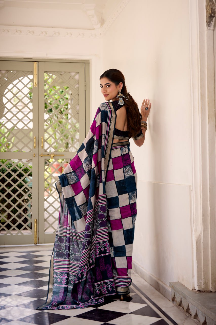 Navy Blue Polyester Viscose Chanderi Saree with Printed Temple Border