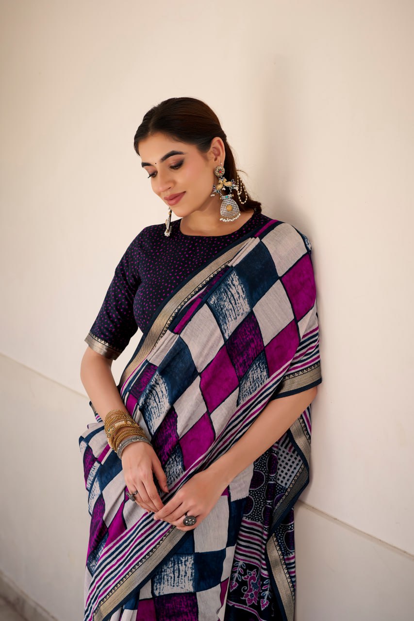Navy Blue Polyester Viscose Chanderi Saree with Printed Temple Border