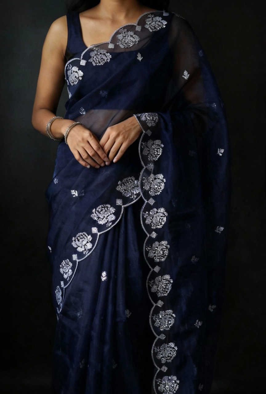 Navy Blue Pure Organza Saree with Sequins Embroidery Border Work Blouse