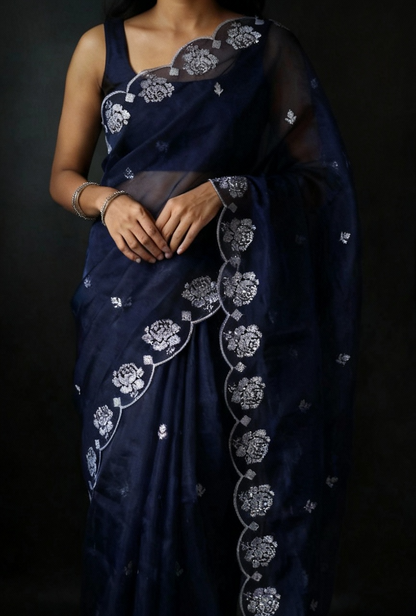 Navy Blue Pure Organza Saree with Sequins Embroidery Border Work Blouse