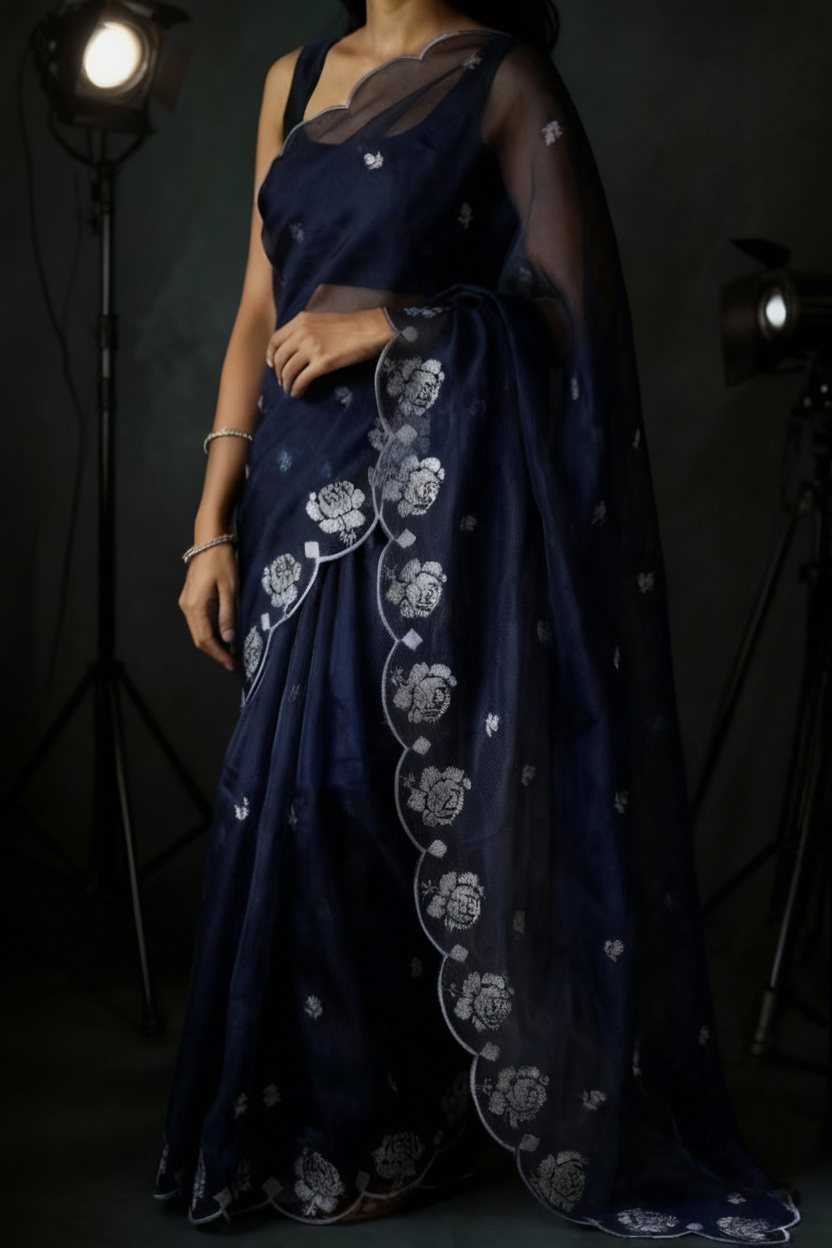 Navy Blue Pure Organza Saree with Sequins Embroidery Border Work Blouse