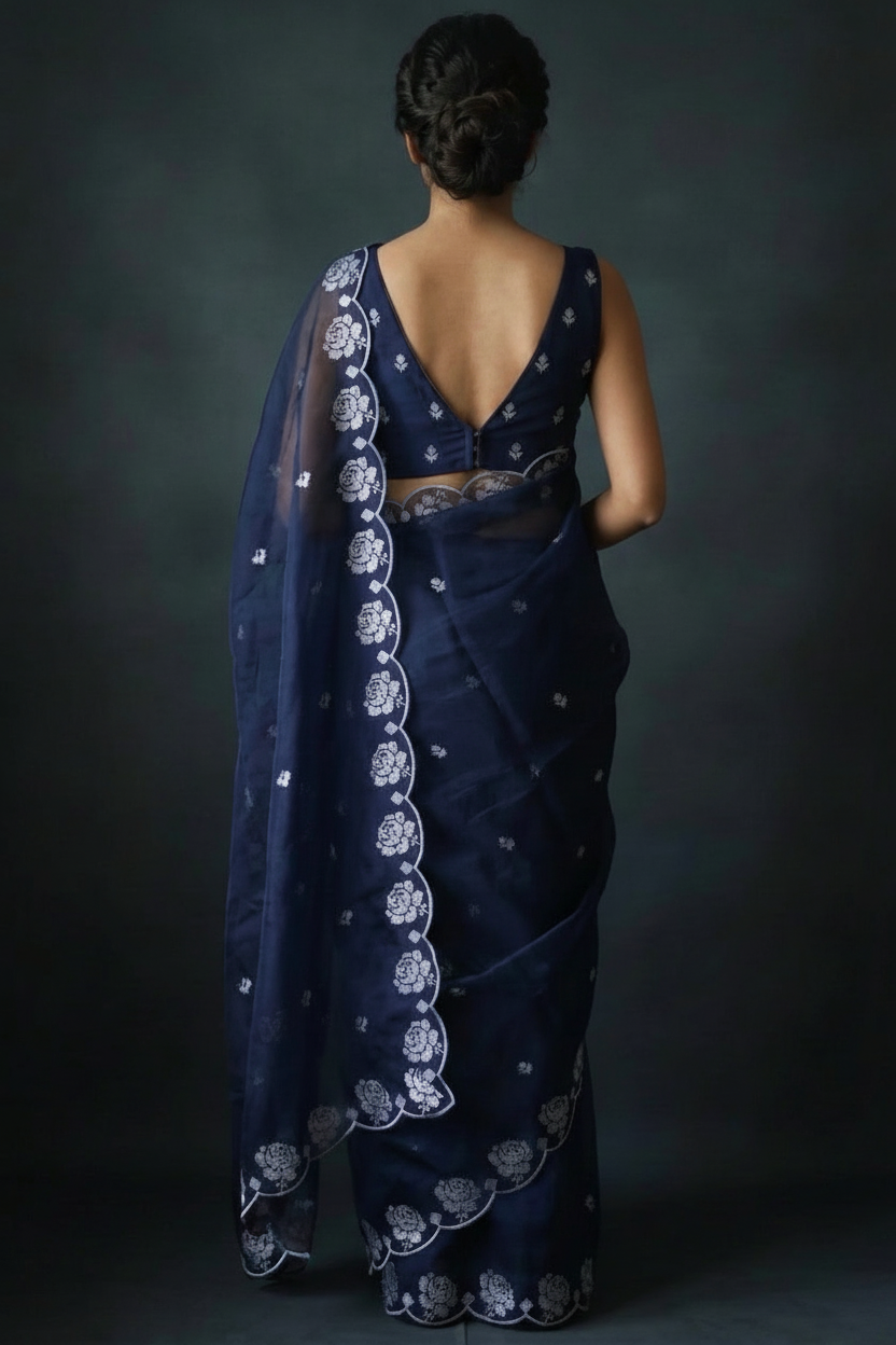 Navy Blue Pure Organza Saree with Sequins Embroidery Border Work Blouse