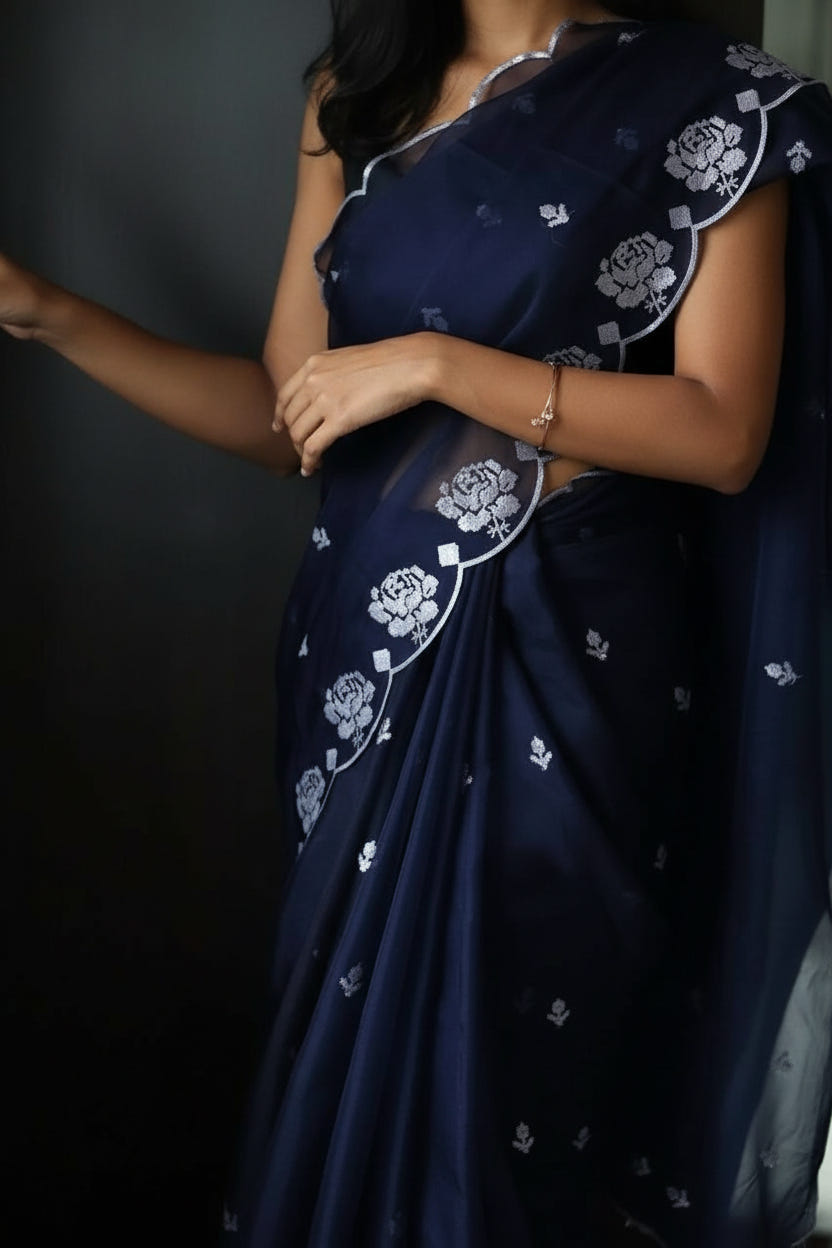 Navy Blue Pure Organza Saree with Sequins Embroidery Border Work Blouse