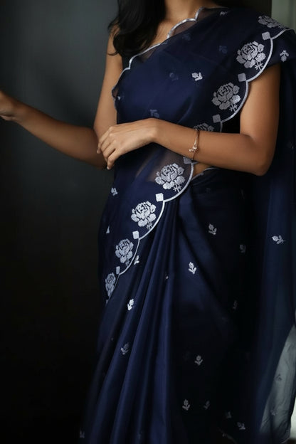 Navy Blue Pure Organza Saree with Sequins Embroidery Border Work Blouse