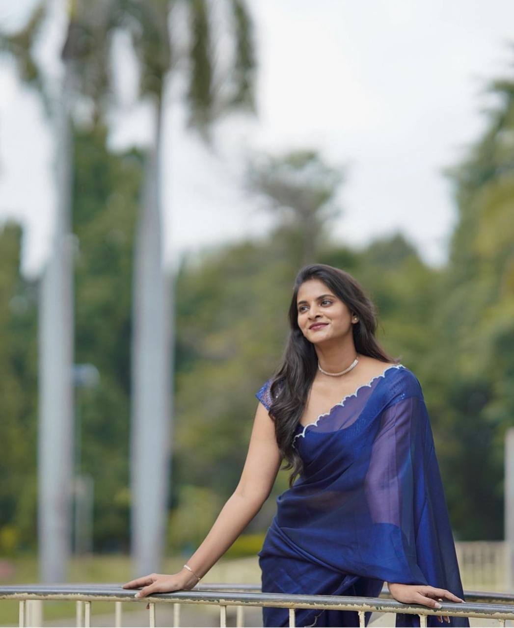 Navy Blue Rangoli Silk Saree with Aarko Border & Net Sequins Work Blouse