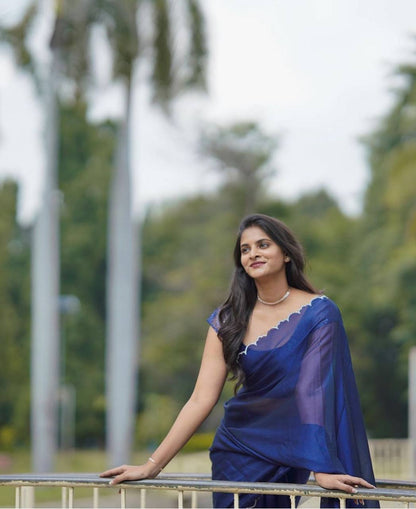 Navy Blue Rangoli Silk Saree with Aarko Border & Net Sequins Work Blouse