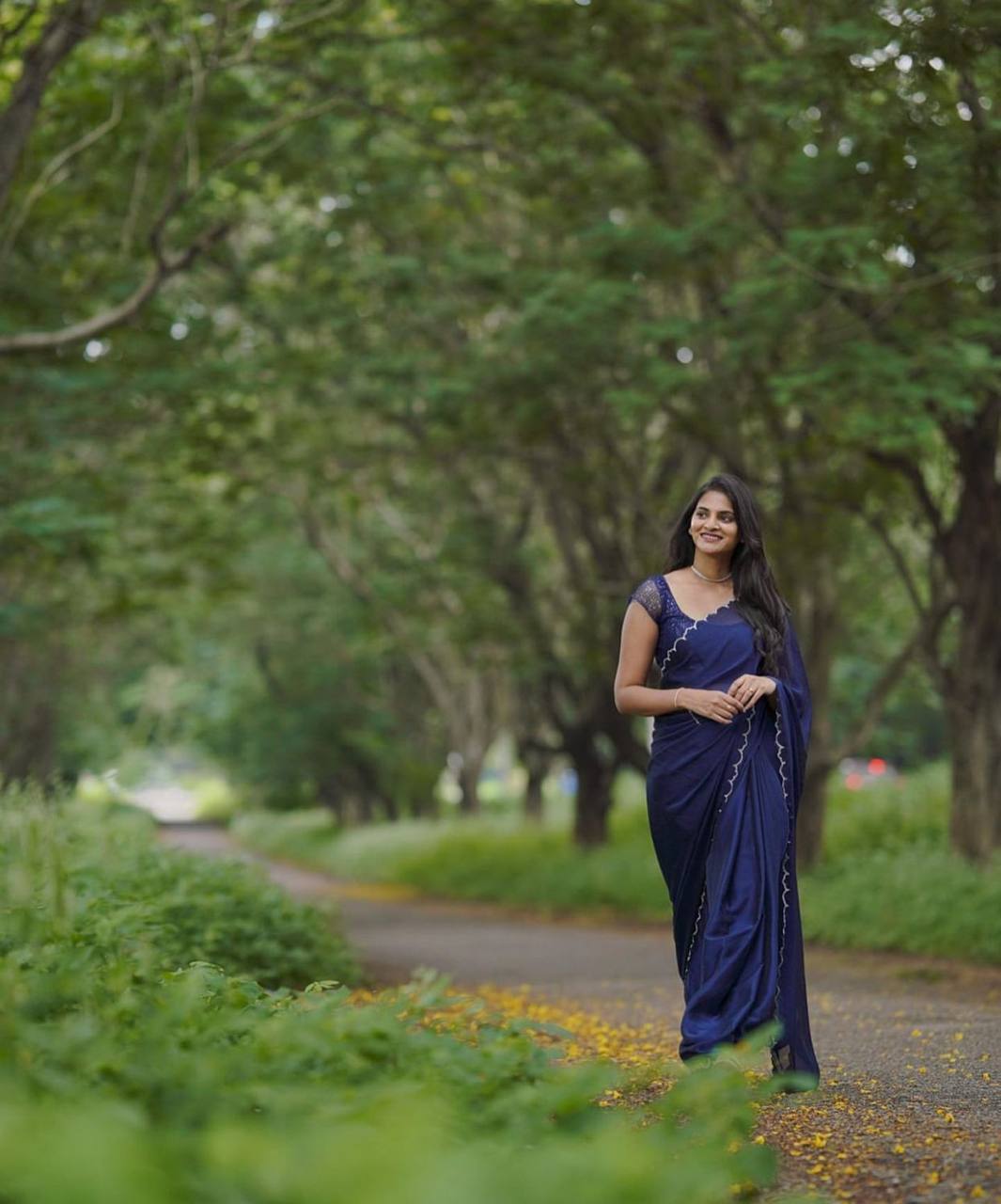 Navy Blue Rangoli Silk Saree with Aarko Border & Net Sequins Work Blouse
