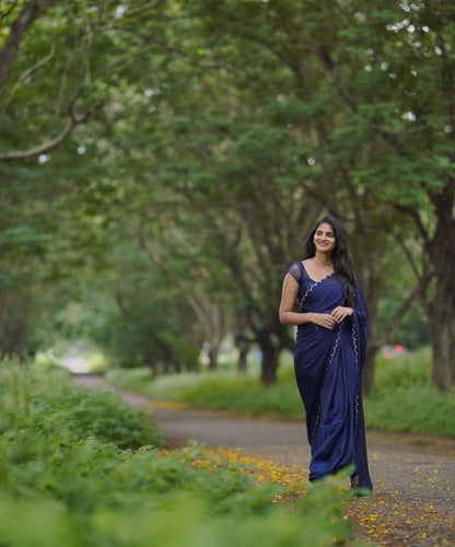 Navy Blue Rangoli Silk Saree with Aarko Border & Net Sequins Work Blouse