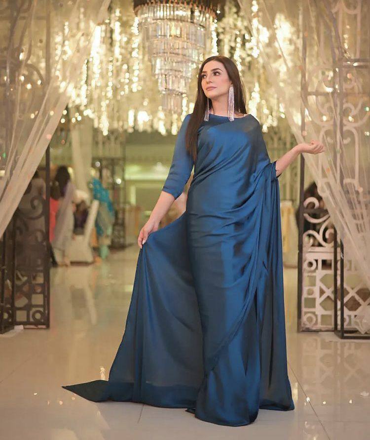 Navy Blue Smooth Satin Saree with Piping Border Matching Satin Blouse