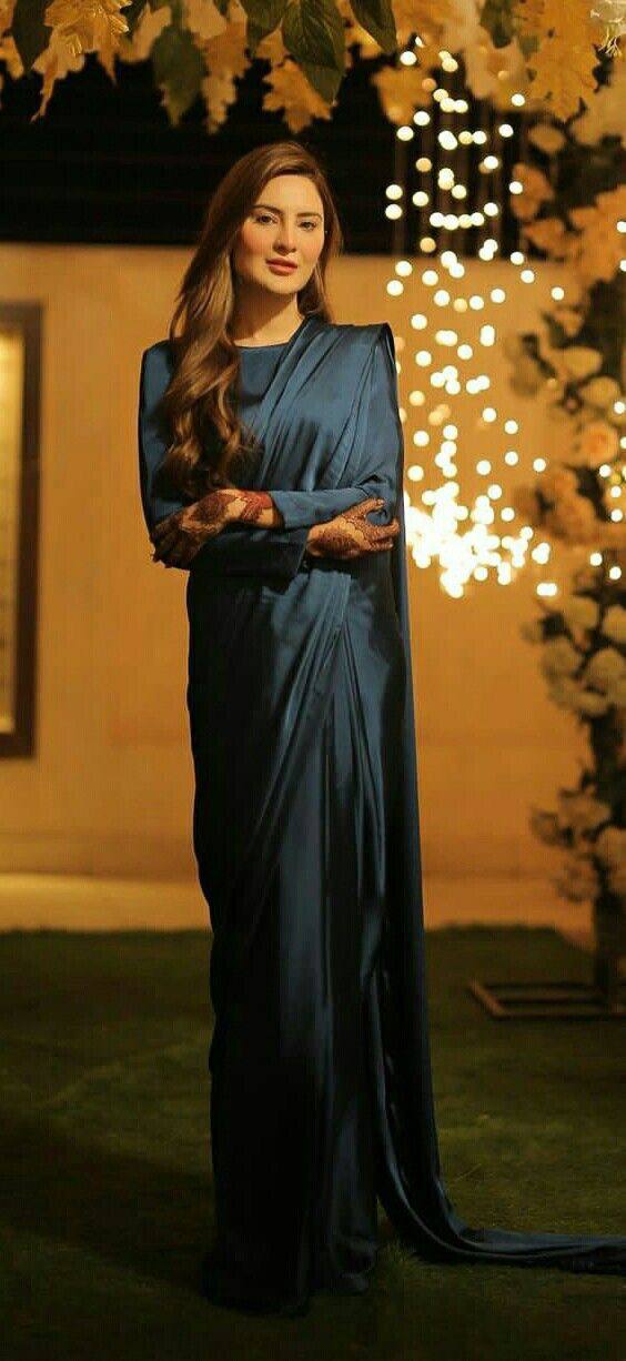 Navy Blue Smooth Satin Saree with Piping Border Matching Satin Blouse