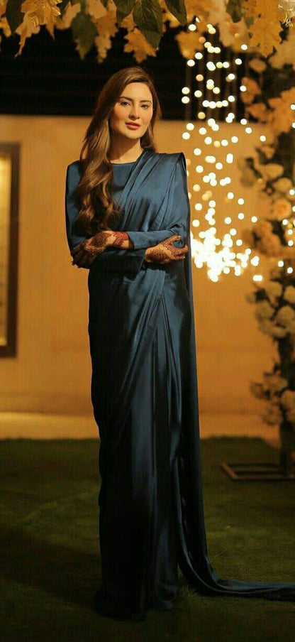 Navy Blue Smooth Satin Saree with Piping Border Matching Satin Blouse
