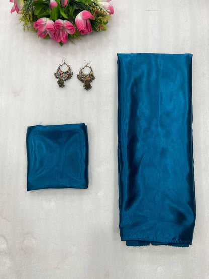 Navy Blue Smooth Satin Saree with Piping Border Matching Satin Blouse