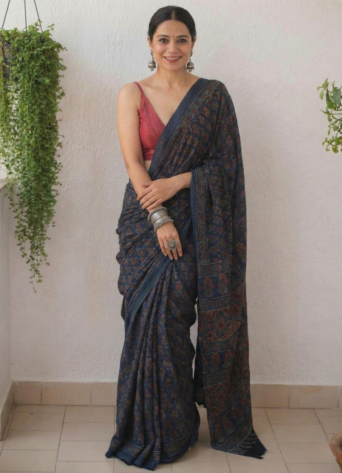 Navy Blue Soft Mulmul Cotton Digital Print Saree with Banglori Blouse