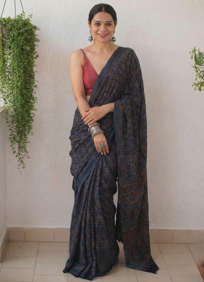 Navy Blue Soft Mulmul Cotton Digital Print Saree with Banglori Blouse