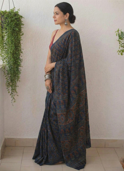 Navy Blue Soft Mulmul Cotton Digital Print Saree with Banglori Blouse