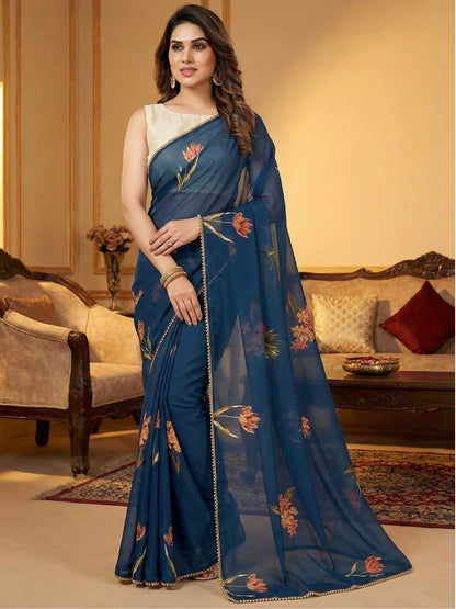 Navy Bule Georgette Digital Print Saree with Moti Lace Border & Blouse