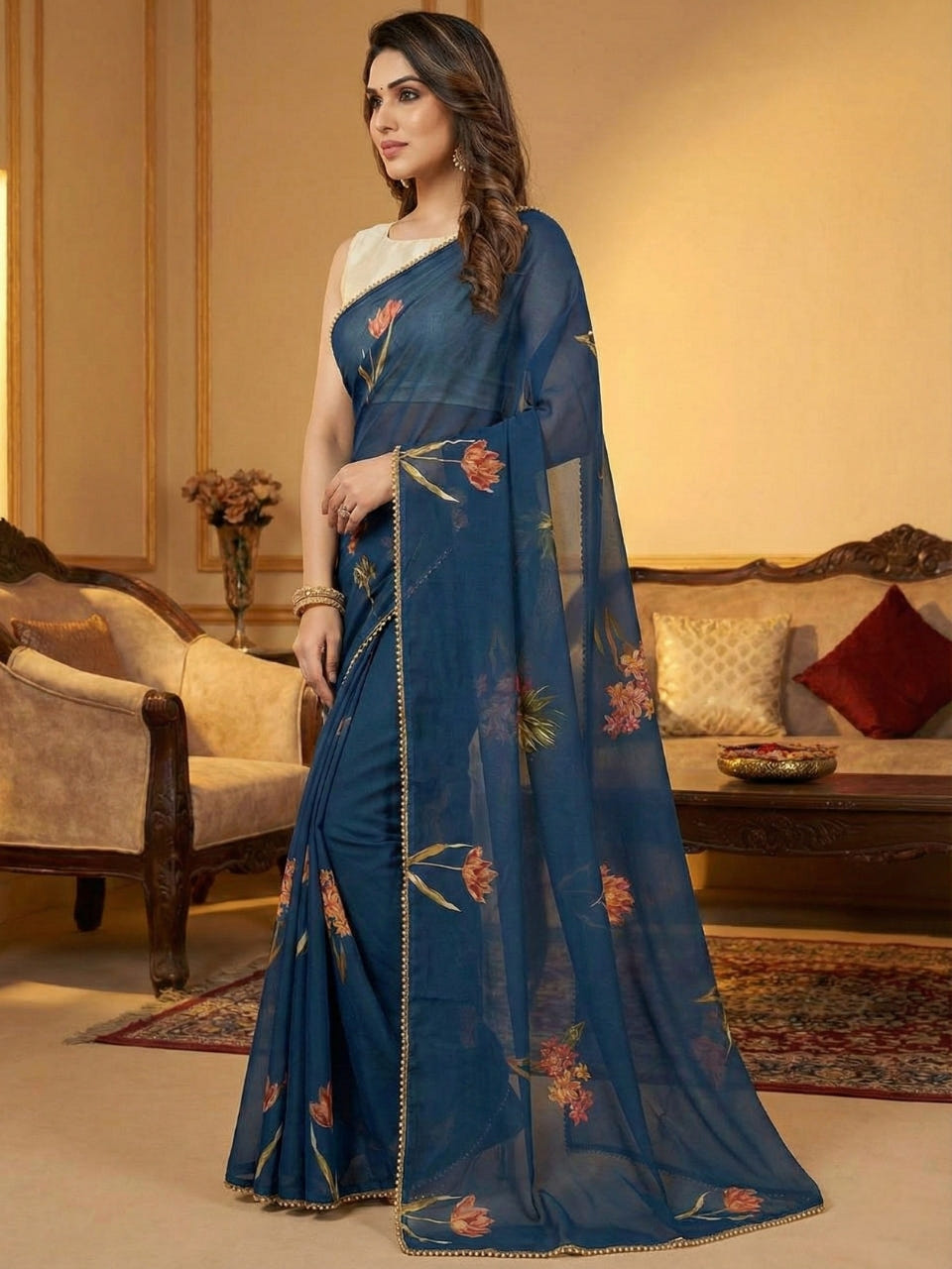 Navy Bule Georgette Digital Print Saree with Moti Lace Border & Blouse