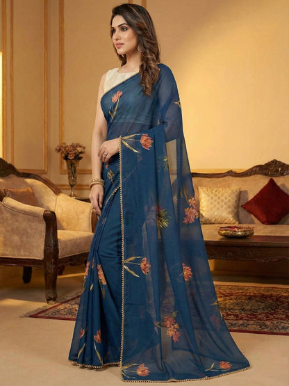 Navy Bule Georgette Digital Print Saree with Moti Lace Border & Blouse