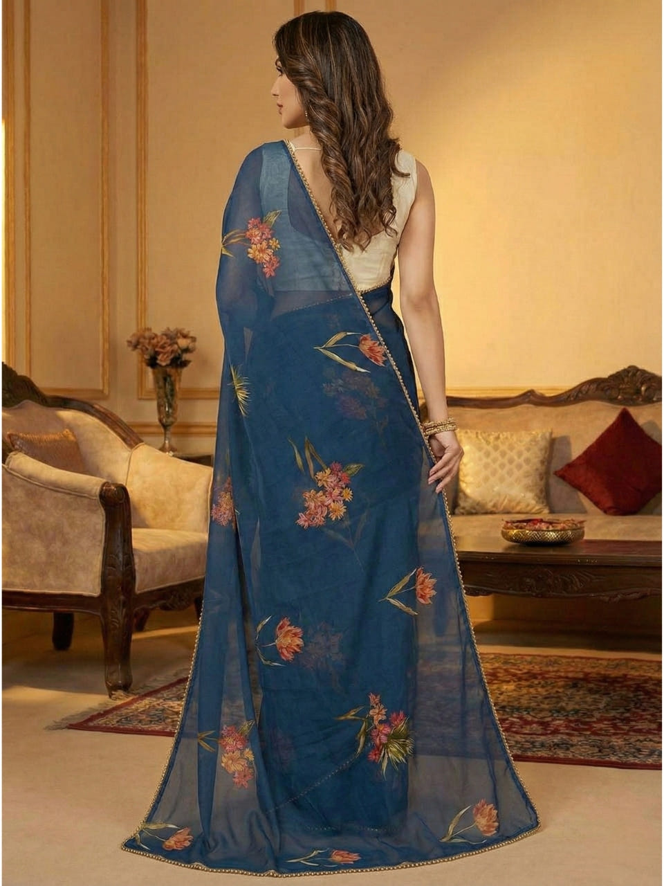 Navy Bule Georgette Digital Print Saree with Moti Lace Border & Blouse