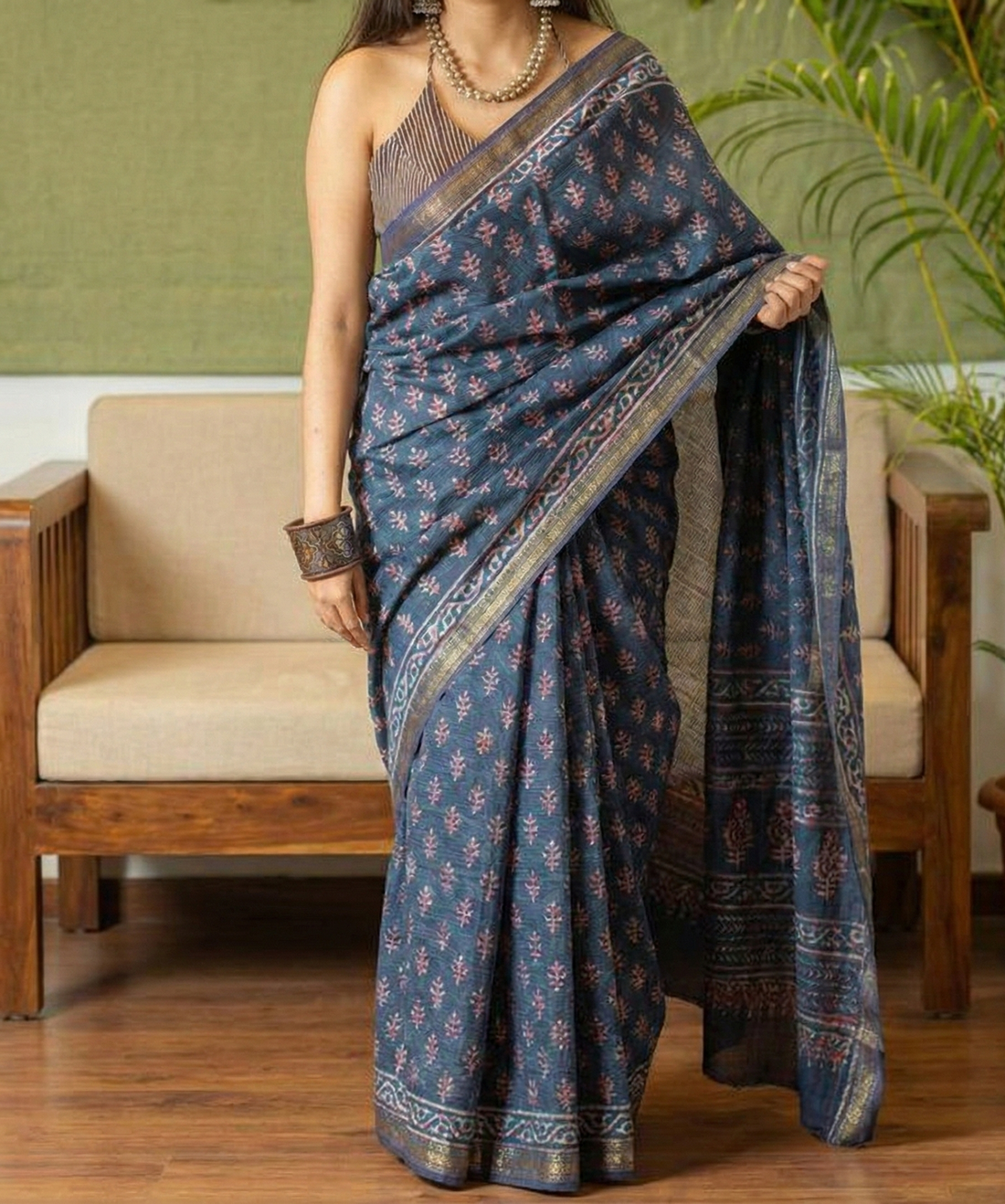 Navy Bule Mulmul Cotton Digital Print Saree with Banglori Blouse