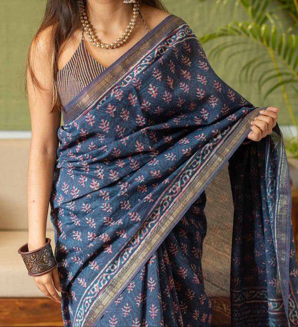 Navy Bule Mulmul Cotton Digital Print Saree with Banglori Blouse