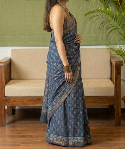 Navy Bule Mulmul Cotton Digital Print Saree with Banglori Blouse