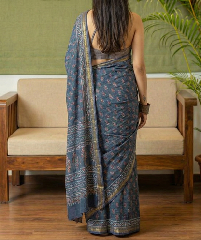 Navy Bule Mulmul Cotton Digital Print Saree with Banglori Blouse
