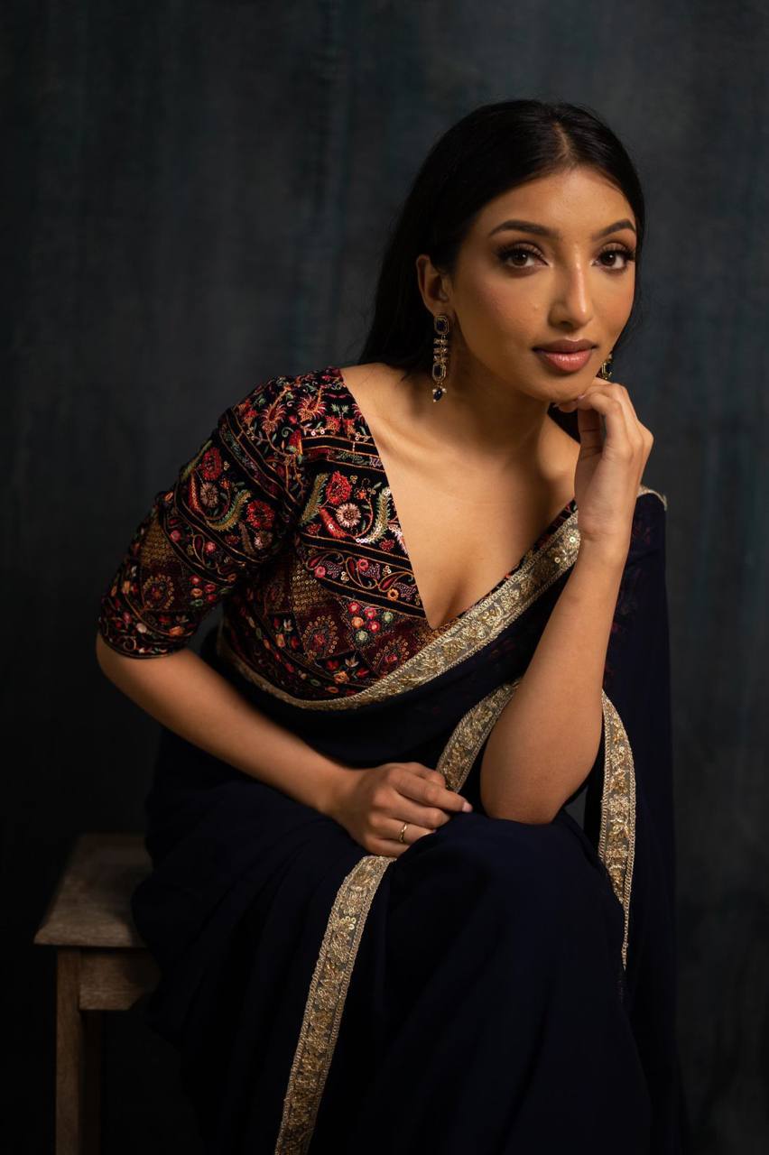 Navy Bule Original Georgette Digital Print Saree with Embroidery Blouse