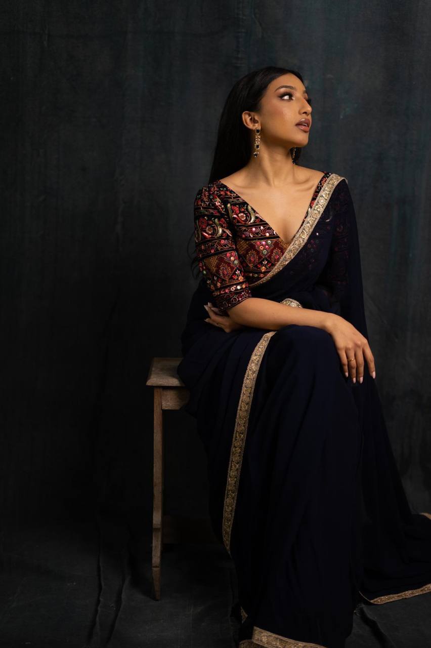 Navy Bule Original Georgette Digital Print Saree with Embroidery Blouse