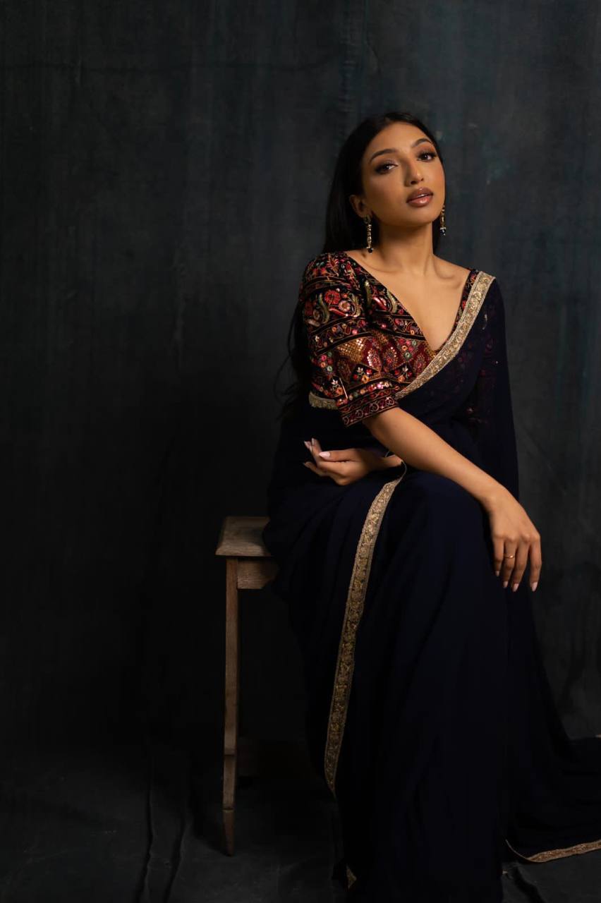 Navy Bule Original Georgette Digital Print Saree with Embroidery Blouse