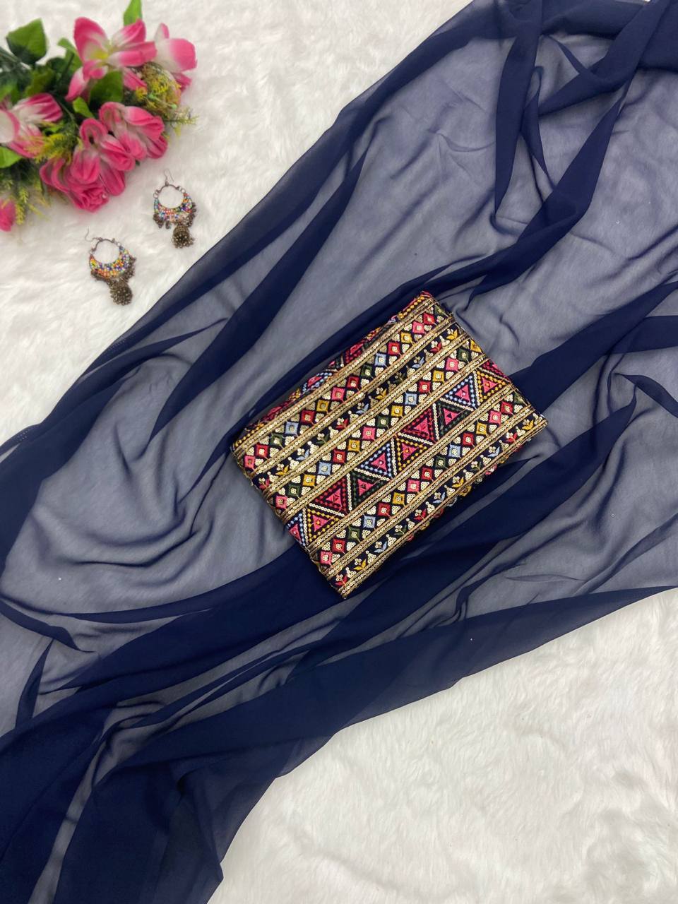 Navy Bule Original Georgette Digital Print Saree with Embroidery Blouse