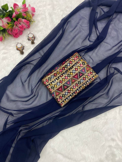 Navy Bule Original Georgette Digital Print Saree with Embroidery Blouse