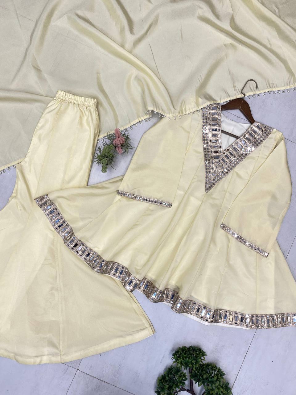 Off White Cosmos Fabric Plazzo Set with Real Mirror & Embroidery Work