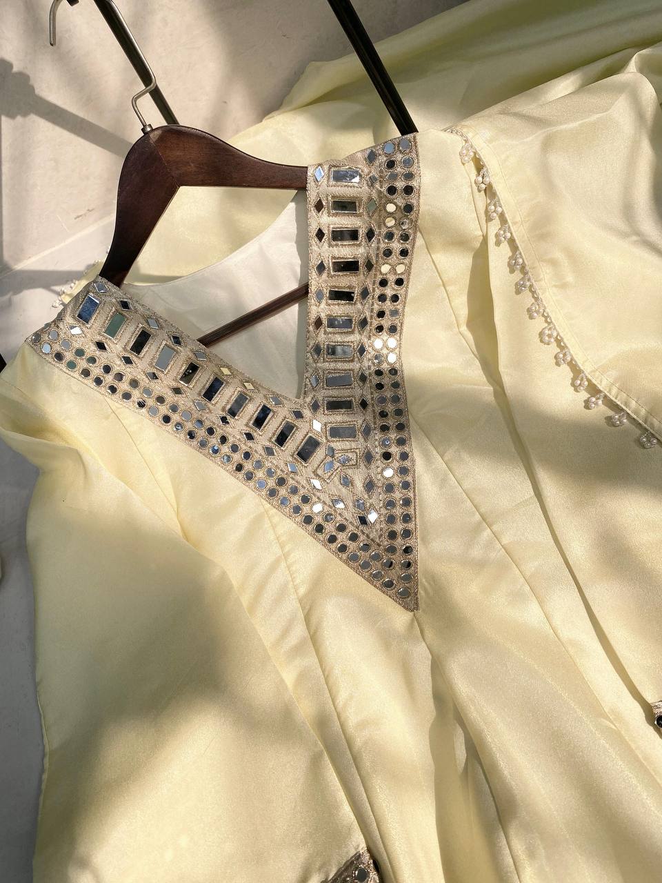 Off White Cosmos Fabric Plazzo Set with Real Mirror & Embroidery Work