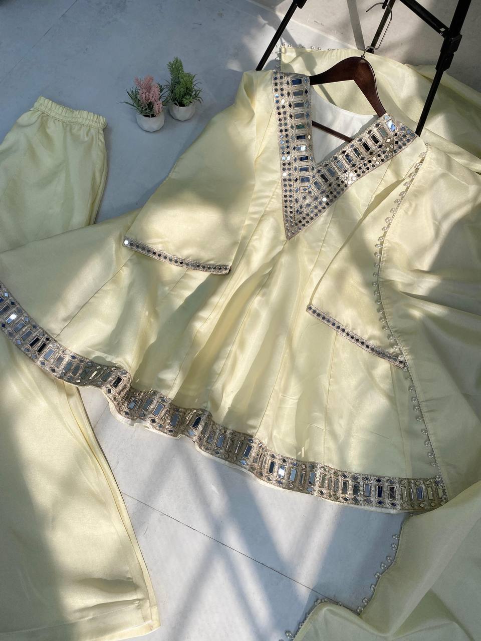 Off White Cosmos Fabric Plazzo Set with Real Mirror & Embroidery Work