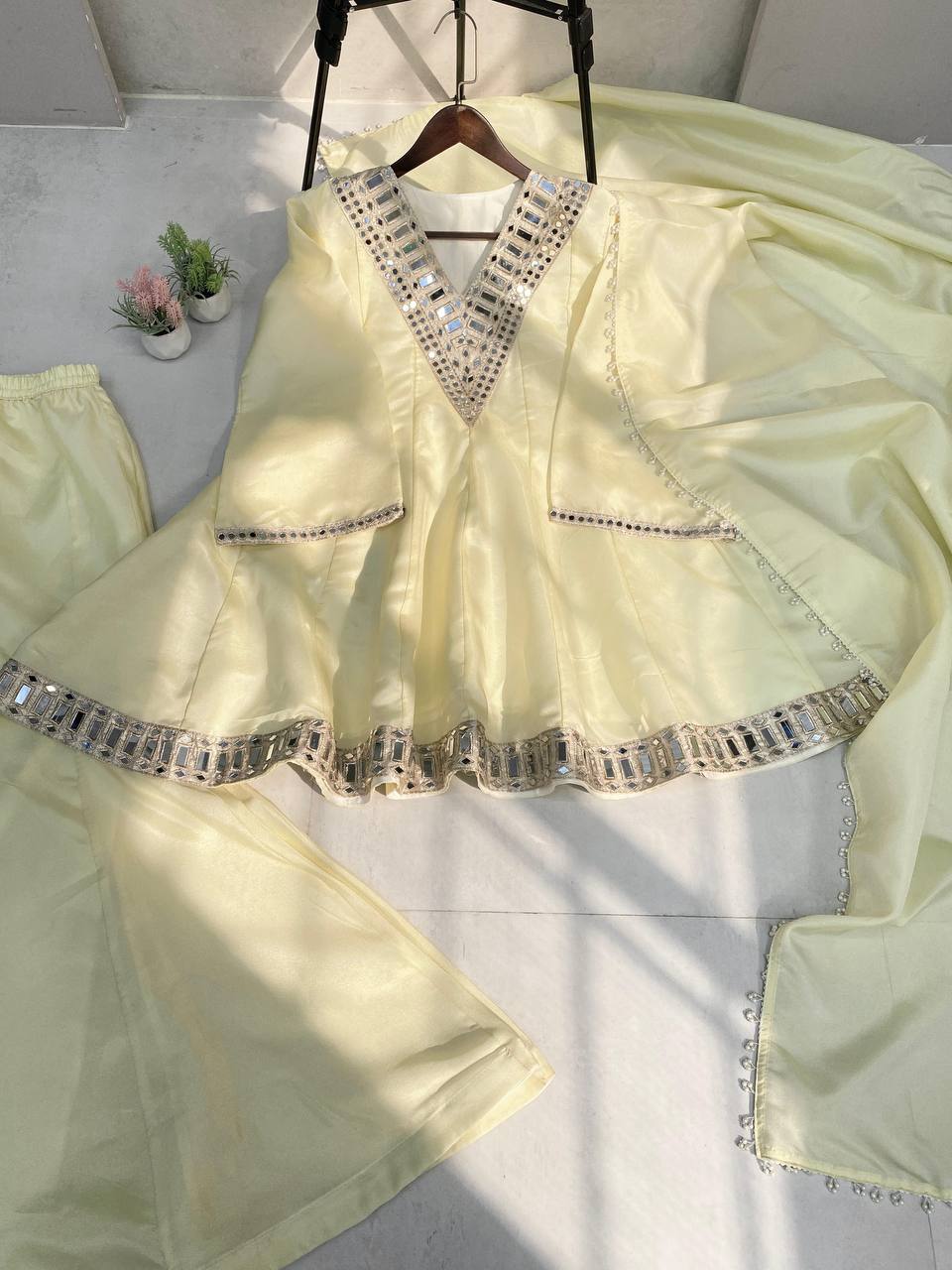 Off White Cosmos Fabric Plazzo Set with Real Mirror & Embroidery Work