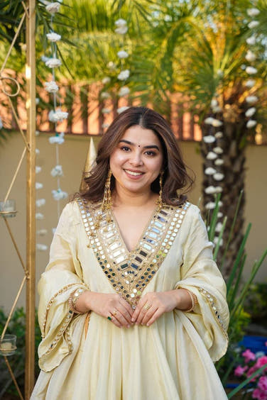 Off White Cosmos Fabric Plazzo Set with Real Mirror & Embroidery Work