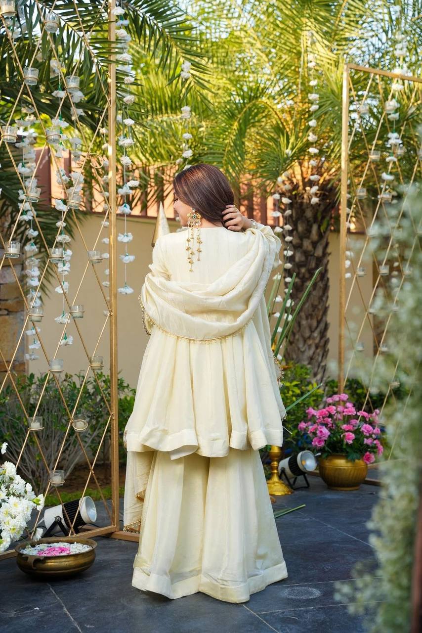 Off White Cosmos Fabric Plazzo Set with Real Mirror & Embroidery Work