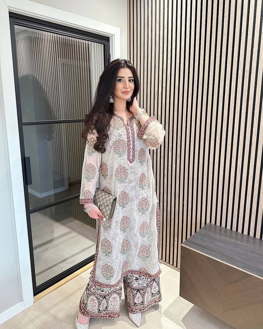 Off White Designer Heavy Faux Georgette Crep Plazzo Top and Dupatta