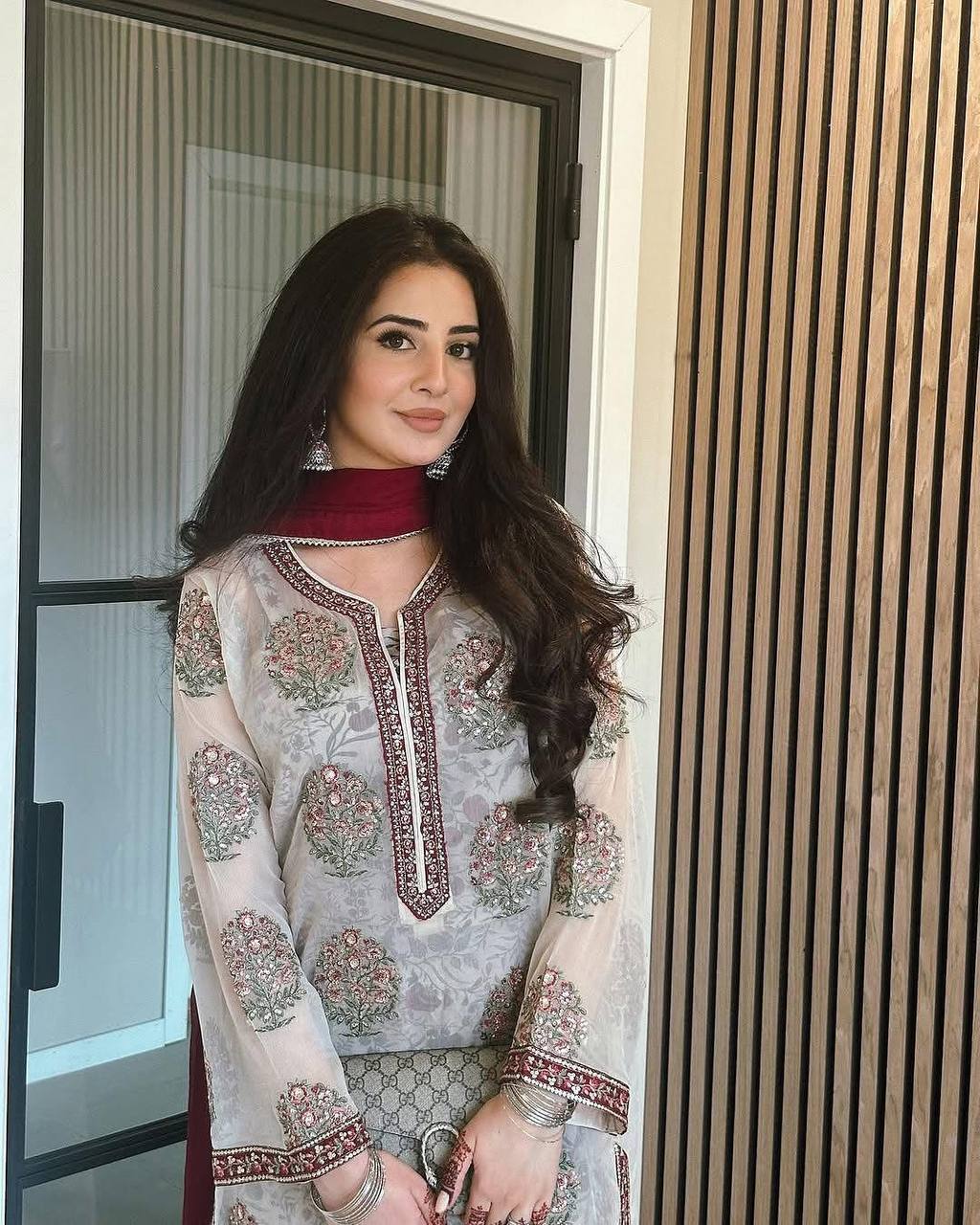 Off White Designer Heavy Faux Georgette Crep Plazzo Top and Dupatta