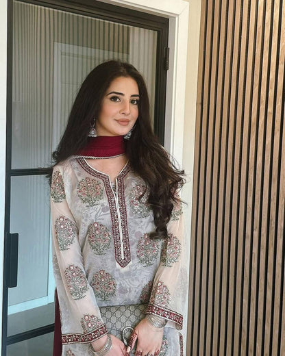 Off White Designer Heavy Faux Georgette Crep Plazzo Top and Dupatta