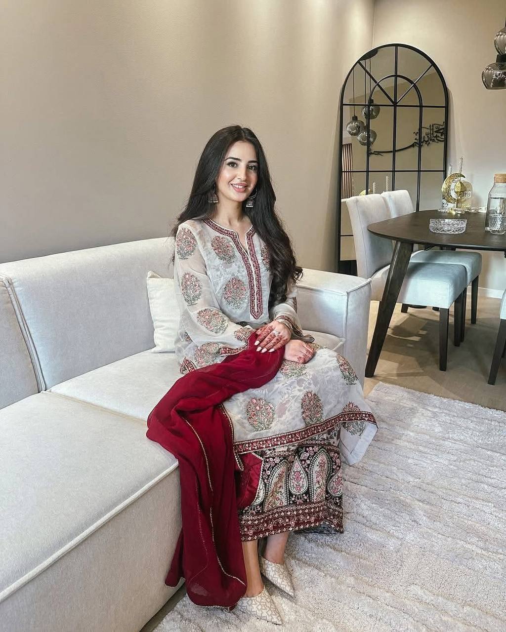 Off White Designer Heavy Faux Georgette Crep Plazzo Top and Dupatta